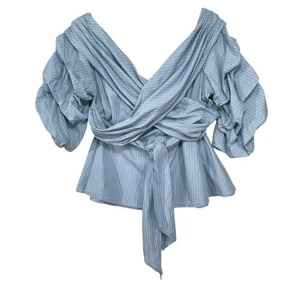 ELOQUII Women’s Blue and White Crisscross Draped Puff Sleeve Top - Picture 2 of 4